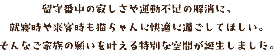 留守番中の寂しさや運動不足の解消に、
就寝時や来客時も猫ちゃんに快適に過ごしてほしい。
そんなご家族の願いを叶える特別な空間が誕生しました。